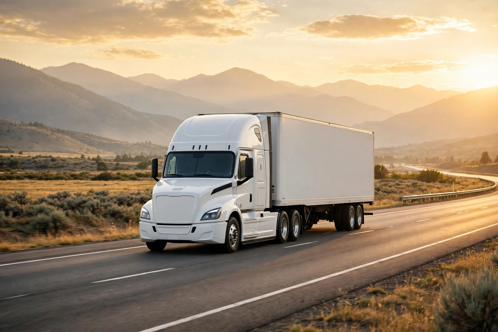 White semi truck on a highway at golden hour