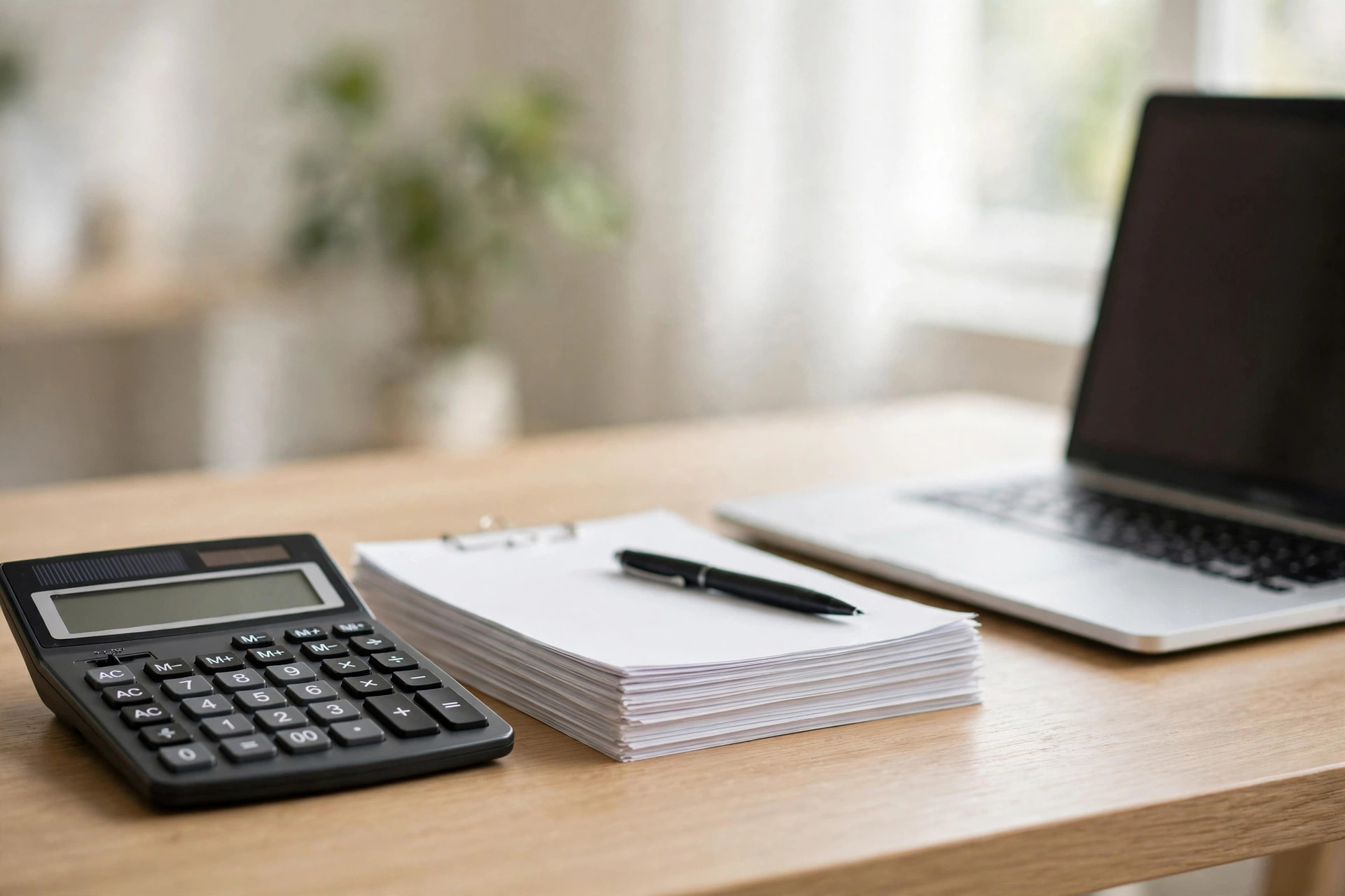 Organized office desk with calculator and documents